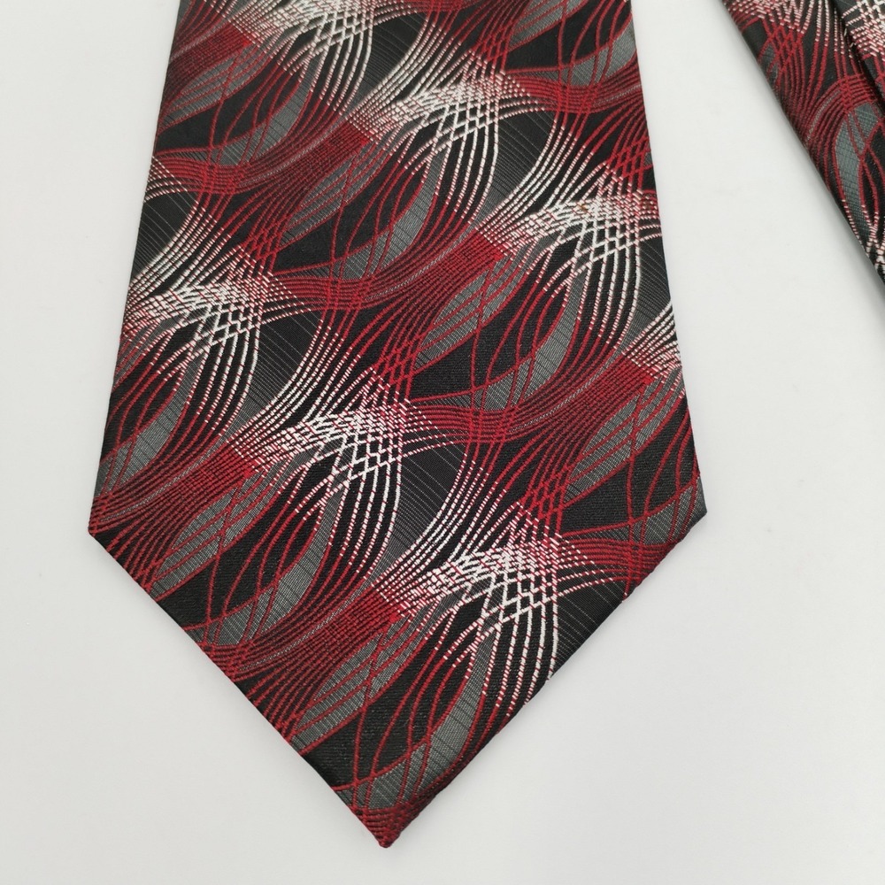 Pierre Cardin Silk Tie Mens Vintage Red Black Grey Geometric Abstract Wave 3.75"